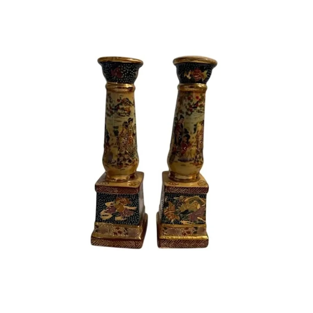 Royal Satsuma Pair Of Candlesticks Circa 1900s 9 1/2